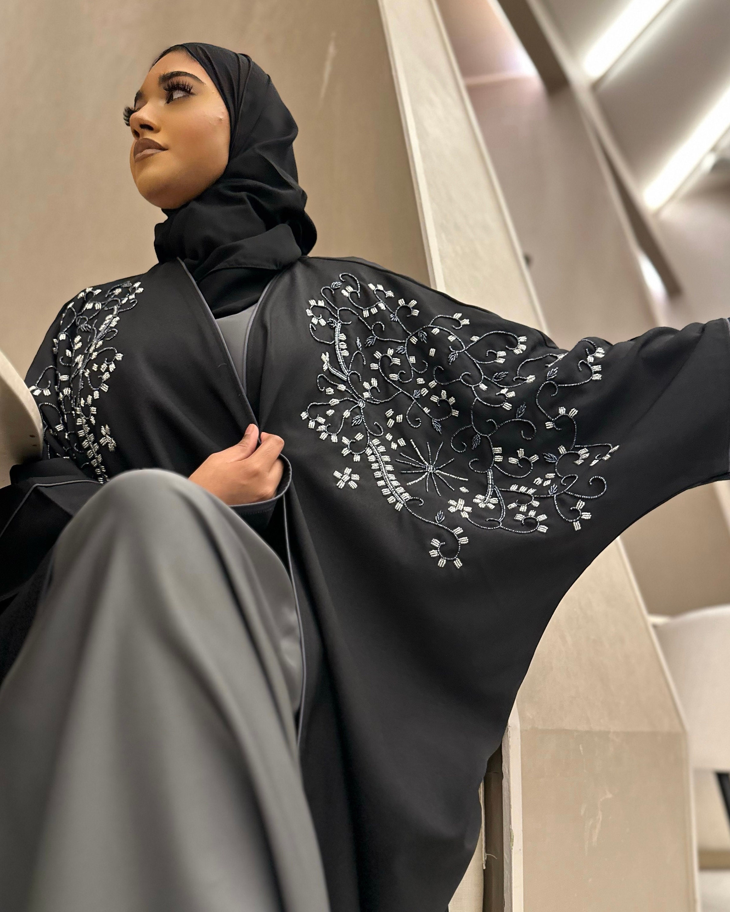Linen Open Butterfly Abaya With Stunning Handmade Embellishment black