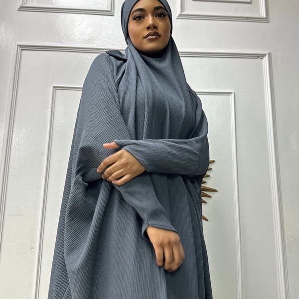 Warm Ribbed Jilbab with Mittens - 2 piece skirt set (Dark Grey)