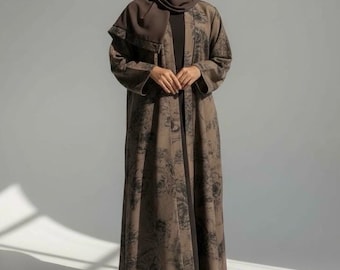 Dreiteiler-Set: Blumige Abaya, Innenkleid & Hijab (Mokka Taupe, Nachtblau)