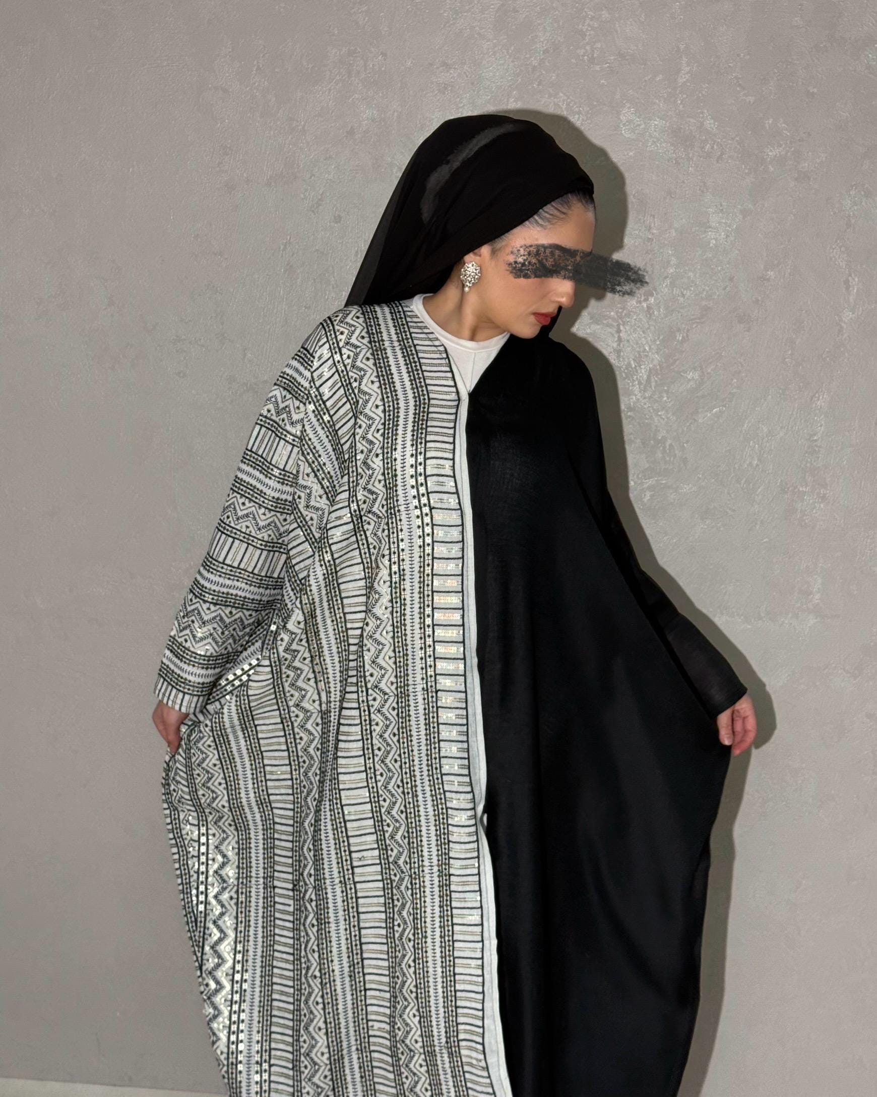 Half Embroidered Indian Linen Butterfly Abaya (Black)