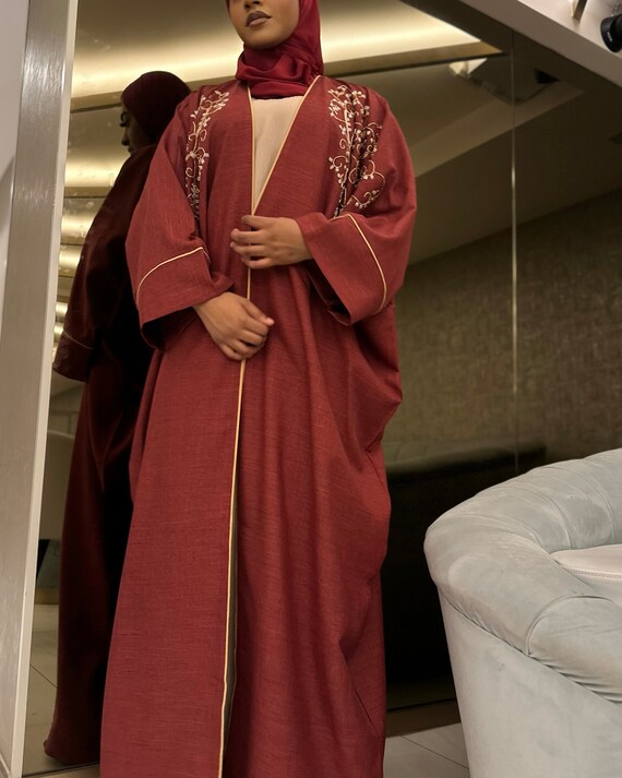 Burgundy open abaya best sale