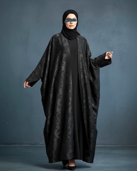Eid Three-Piece Silk Jacquard Set: Cherry Tree Patterned Abaya, Inner Dress & Hijab (Black)