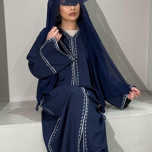 Linen Blend Embroidered Abaya with Split Sleeves (Navy)