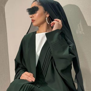 Three-Piece Set: Pleated Butterfly Abaya & Inner Dress (Forest Green)