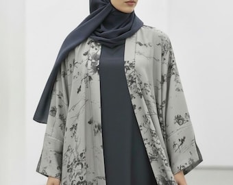 Ramadan dreiteiliges Cloche Abaya Set: Zweifarbige Abaya, Innenkleid & Hijab (Dove Grey / Denim)