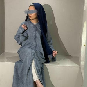 Linen Blend Embroidered Abaya with Split Sleeves (Denim)