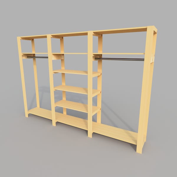 Plan d'étagères de placard en bois PDF, organisateur de placard de garde-robe, système de support de placard