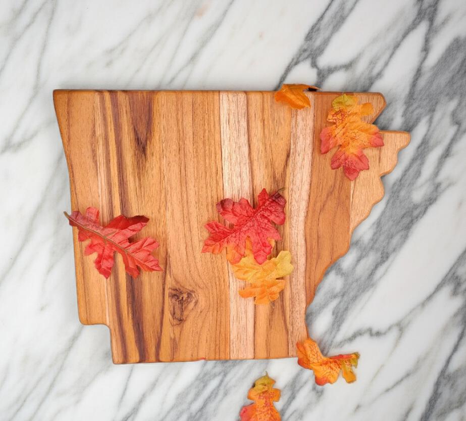 Arkansas state-shaped Teak Charcuterie or Cutting Board, Serving Tray, personalized