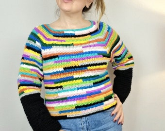 Boho style crochet coachella blouse, Colorful patchwork Sweater, Vintage sweater for women, Handmade Rainbow blouse, wool crop sweater