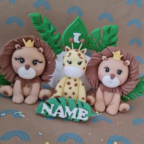 Fondant Figuren, Süße Safari Tiere Figuren Löwe, Giraffe und Blätter Cake Topper, Tortendekoration für deine Torte zum Geburtstag Baby Party