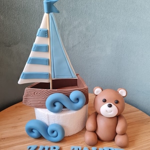 Fondant figures, teddy with his sailing boat cake topper cake decoration for baptism, birthday or communion confirmation