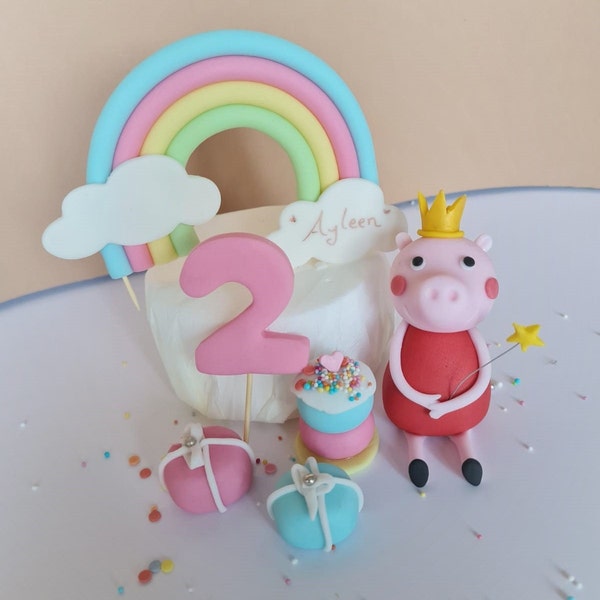 Peppa fondant figures Peppa Pink set with rainbow, name & number, small gifts and small cake children's birthday cake decoration