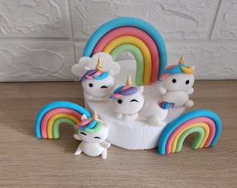 Kleine süßen Einhörner mit Regenbogen Fondant Figuren Tortendekoration Topper Kindergeburtstag Caketopper Birthday Mädchen Taufe Party