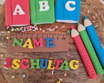 School enrollment cake topper in bright colors pens ruler books fondant with name cake decoration first day of school school cone cake topper boys