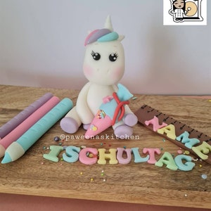 School enrollment fondant figures unicorn with sweet school cone Optionally with pens, books and ruler and name First day of school school cone party children