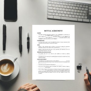 May include: A black and white rental agreement document with the title "Rental Agreement" at the top. The document outlines the terms and conditions of a rental agreement, including the parties involved, the term of the agreement, the premises, use and occupancy, costs and payment, and other relevant details.