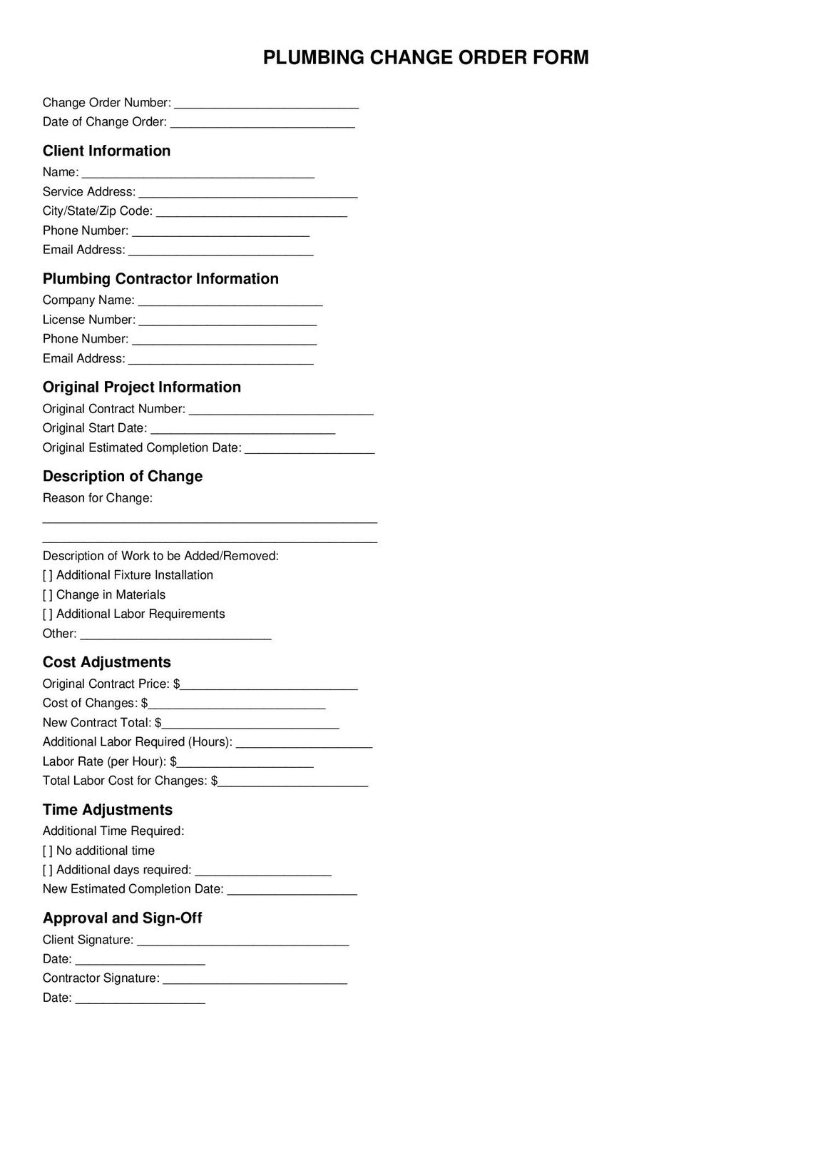 Plumbing Change Order Form | Printable Change Order Template | Editable ...