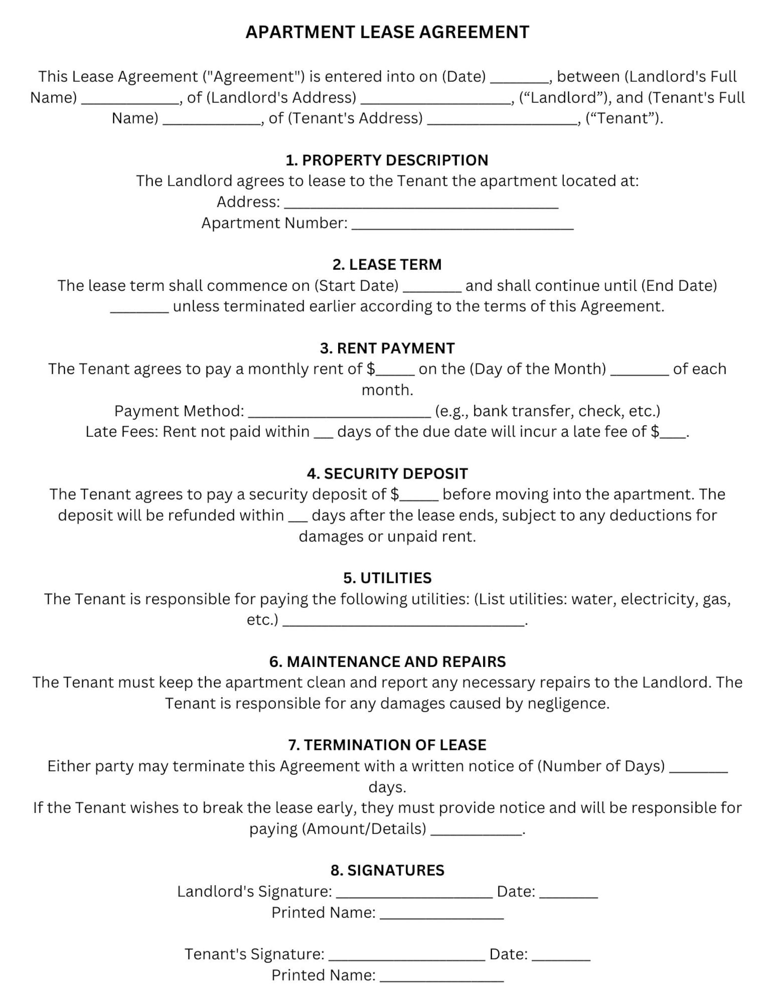 Apartment lease agreement template showing property term rent deposit utilities and termination sections