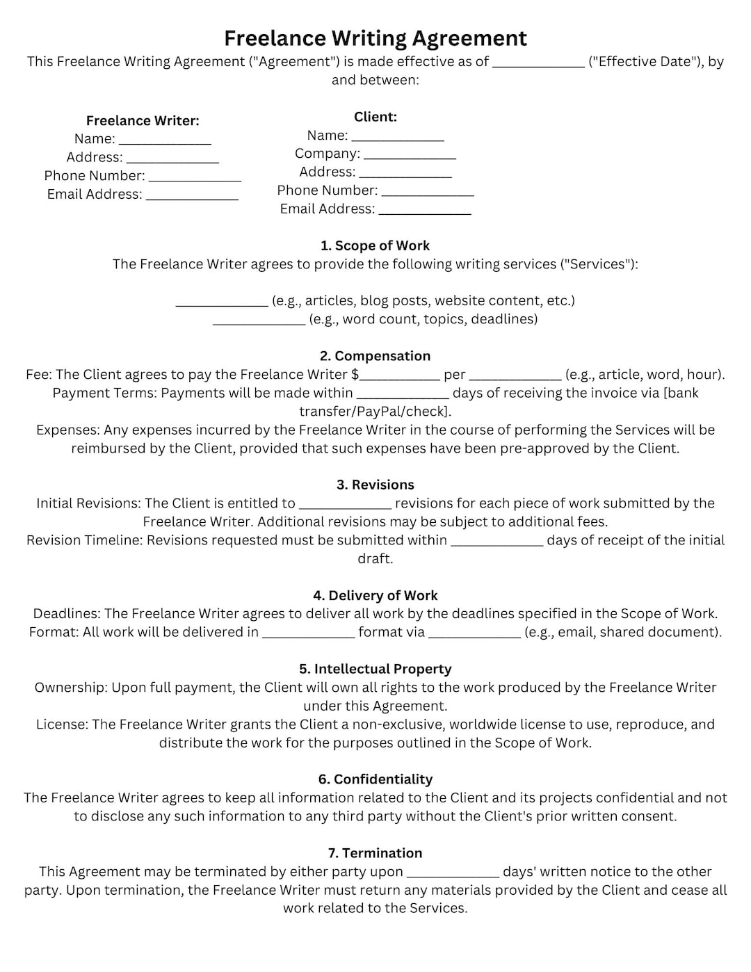 Freelance Writing Agreement-template, PDF - Etsy - Freelance Writing Agreement Template Brief