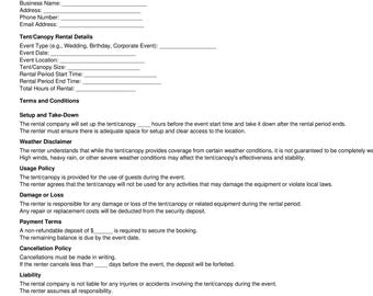 Tent/Canopy Rental Agreement | Outdoor Event Contract | Editable PDF