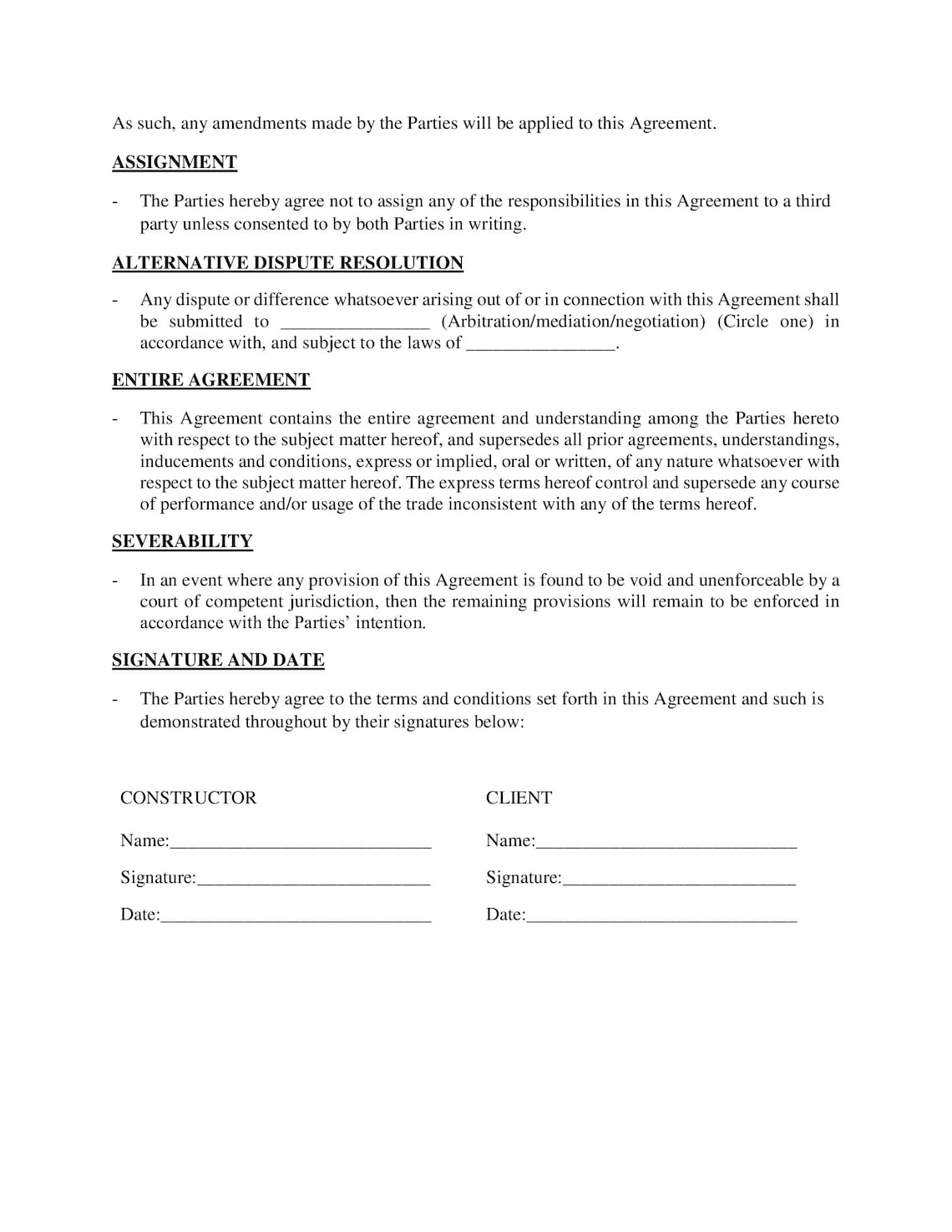 Construction contract template Etsy