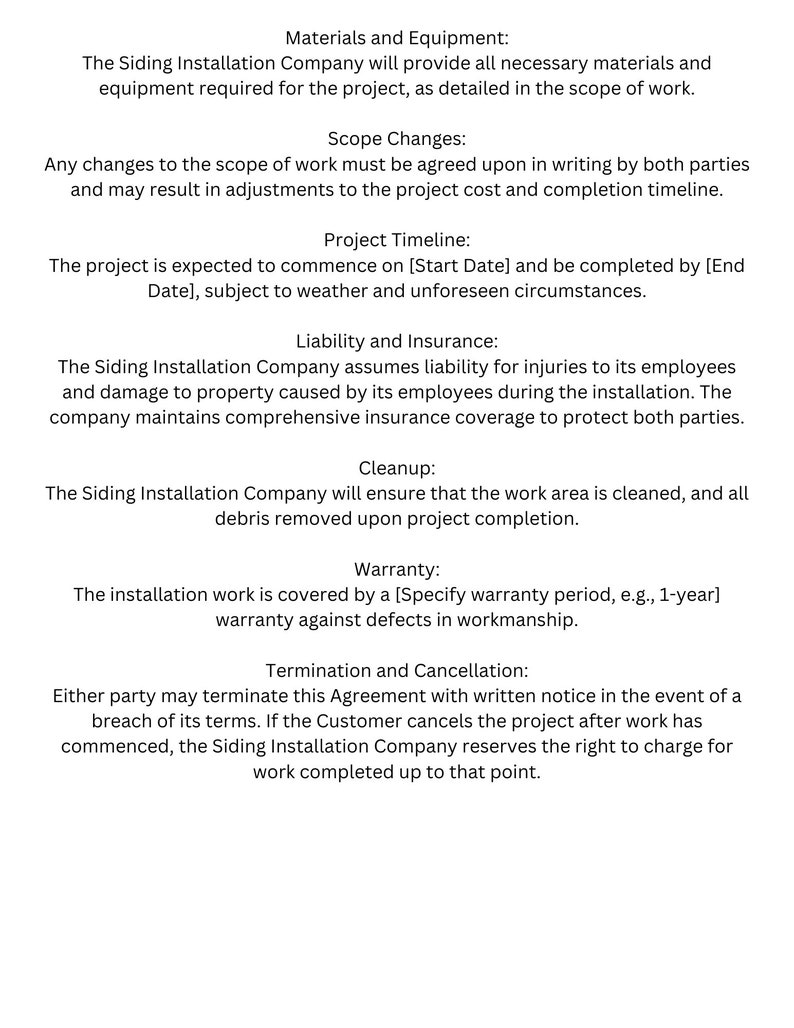 Siding Installation Agreement Template Etsy