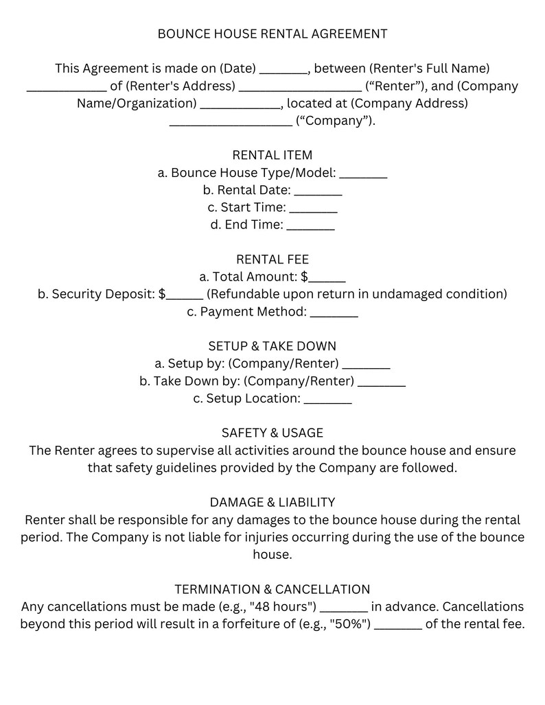 Bounce House Rental Agreementpdf Download Etsy