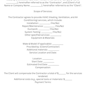HVAC Contractor Service Agreement Template, Digital Download: Pdf