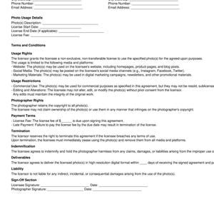 May include: A photo usage license agreement form with sections for both the licensee and licensor. The form includes details about usage rights, restrictions, payment terms, termination, indemnification, deliverables, and liability. It also includes a sign-off section for both parties.
