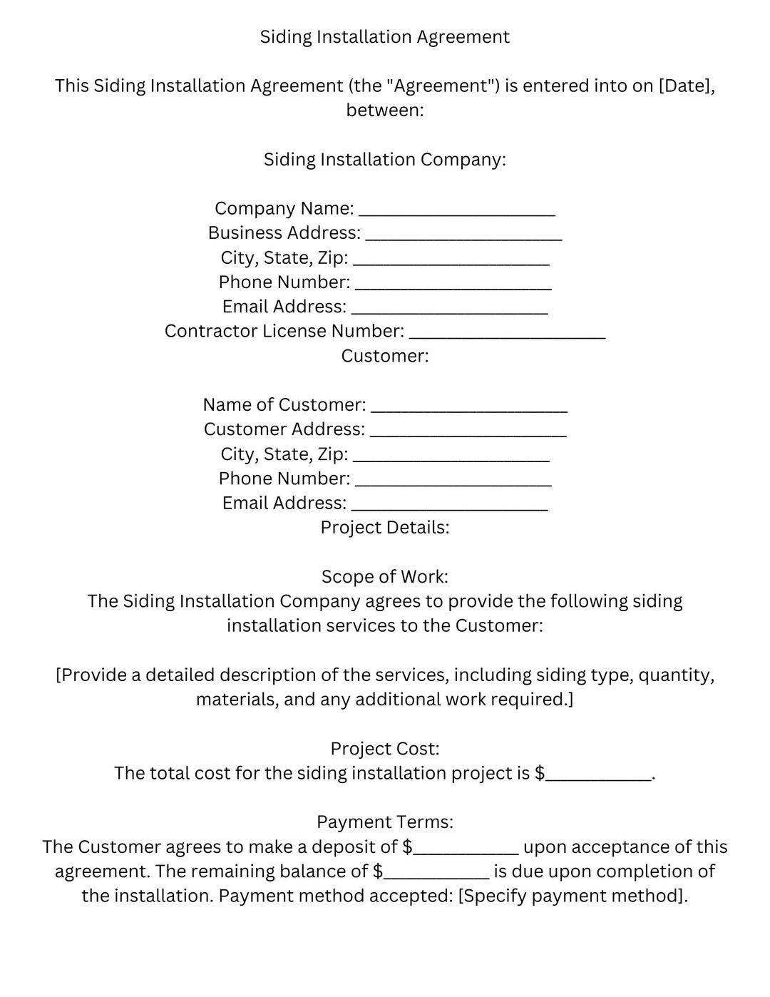 Siding Installation Agreement Template Etsy Siding Installation Agreement Template Etsy