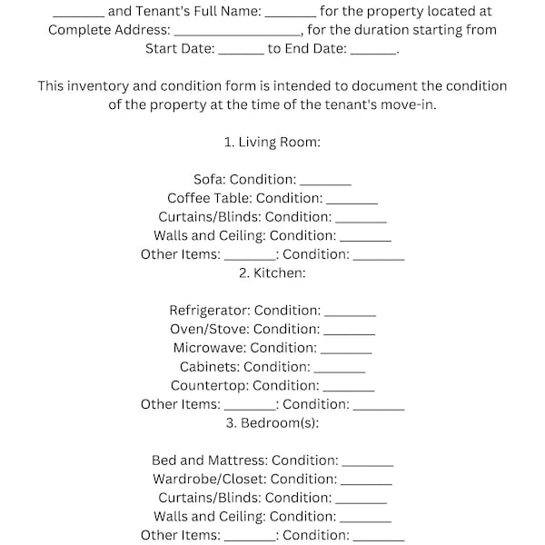 Furnished Home Inventory & Condition Form Template-PDF Download