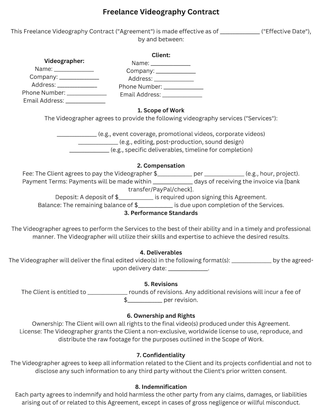Image 1 for Freelance Videographer Contract Template