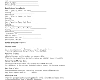 Party Equipment Rental Agreement | Tables, Chairs, Tents Contract | Editable PDF