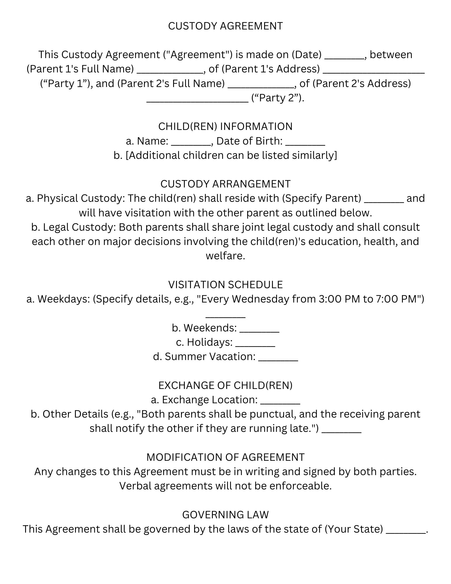 Custody Agreement Template Etsy Ireland