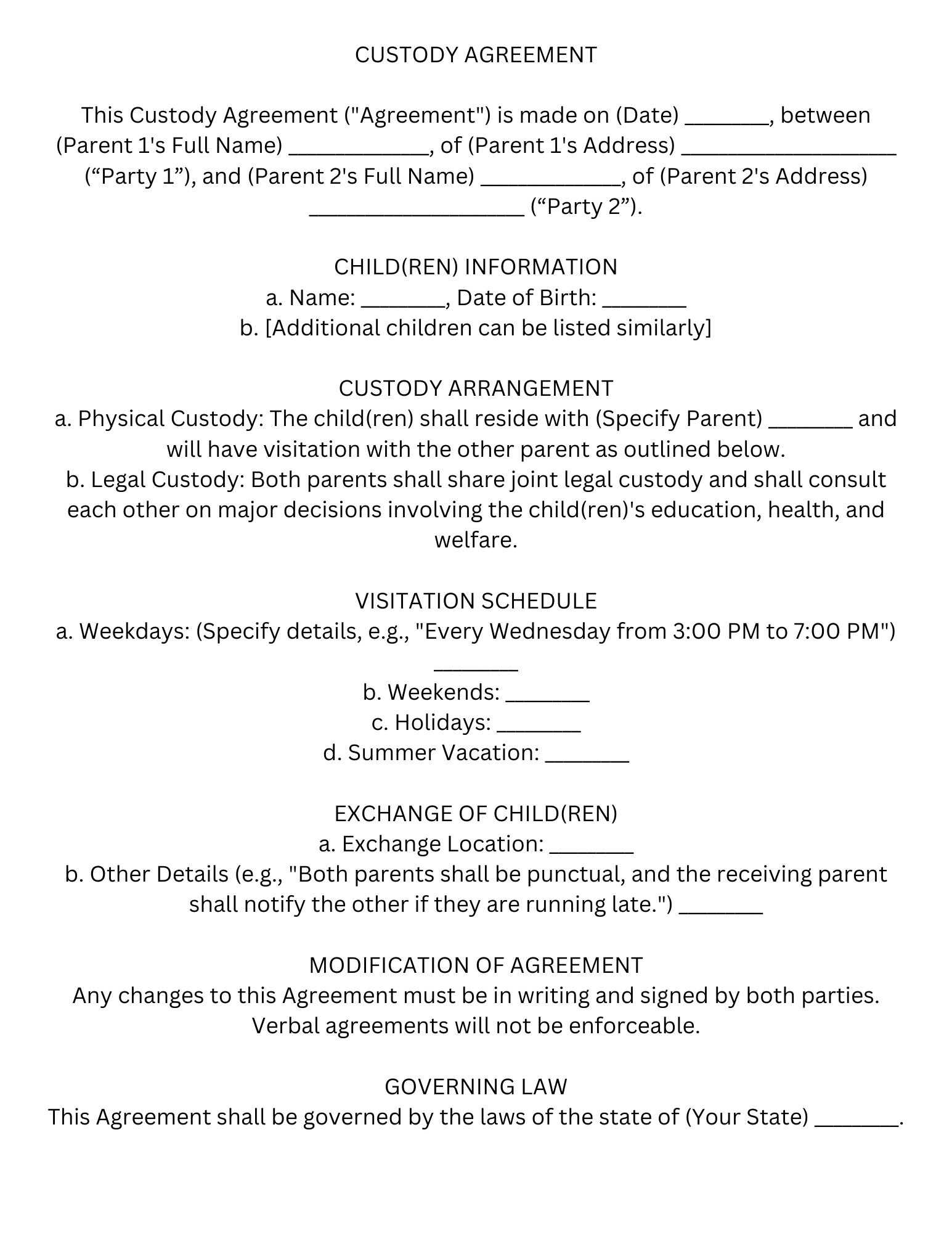 Custody Agreement Template Etsy Custody Agreement Template Etsy