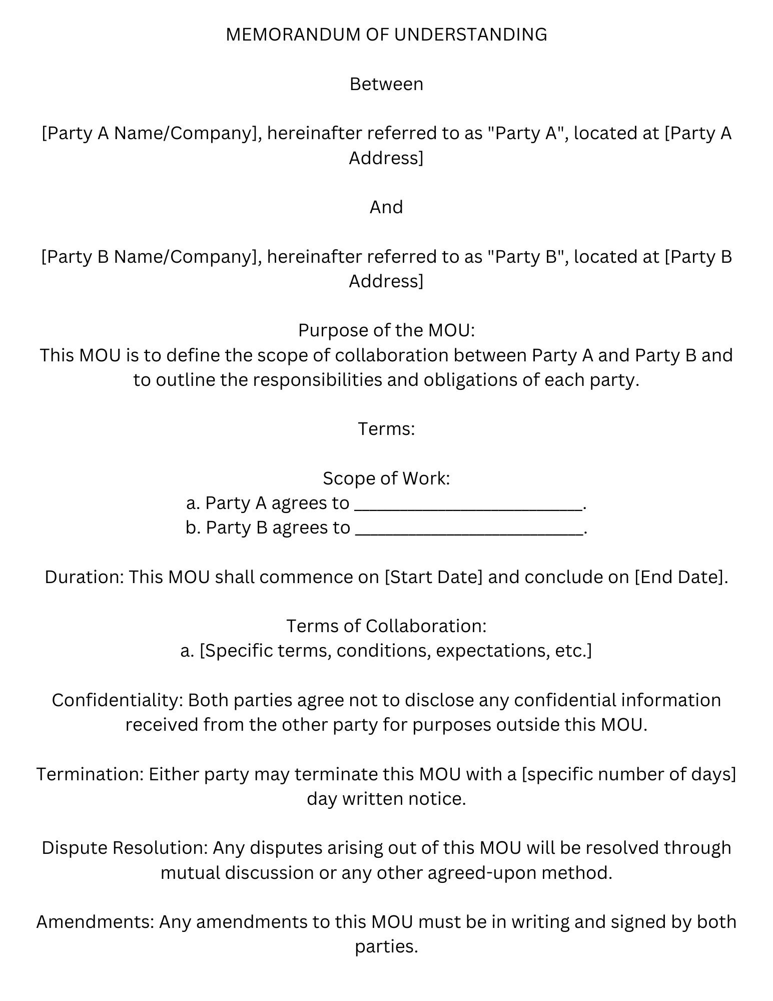 Memorandum of Understanding MOU Template Etsy Memorandum of Understanding MOU Template Etsy