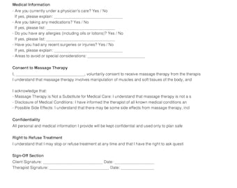 Massage Therapy Consent Form | Client Waiver Agreement | Editable PDF