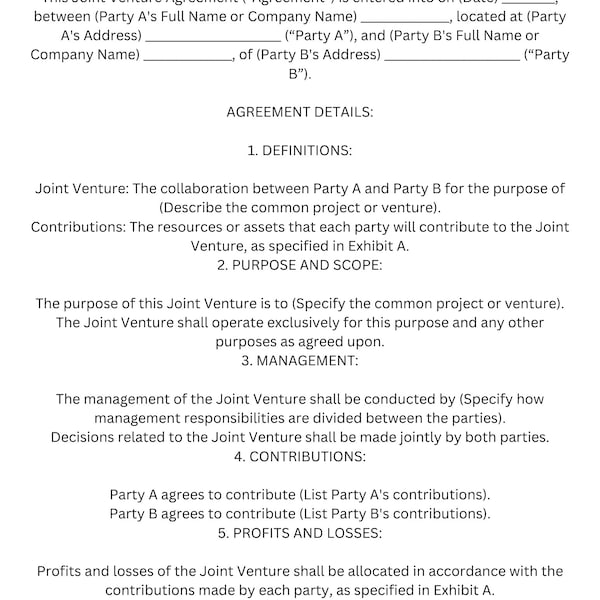 Joint Venture Agreement Template - Etsy
