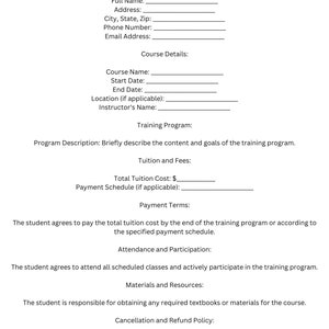 May include: A blank course training contract form with sections for student information, course details, training programme, tuition and fees, payment terms, attendance and participation, materials and resources, and cancellation and refund policy.