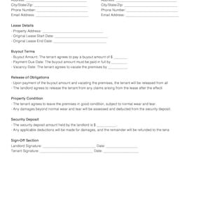 May include: A blank commercial lease buyout agreement form with sections for landlord and tenant information, lease details, buyout terms, release of obligations, property condition, security deposit, and a sign-off section.