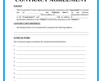 Construction Contract Agreement Template pdf - Editable, Printable, Professional Legal Document for Builders, Contractors