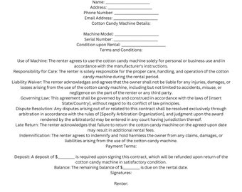 Cotton Candy Machine Rental Contract-Template, Instant Download
