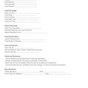 Könnte beinhalten: Bewerbungsformular für einen Handwerksmarkt mit Abschnitten für Verkäuferinformationen, Details zum Handwerksmarkt, Standinformationen, Produktinformationen, Gebühren und Zahlung, Geschäftsbedingungen und einen Abschnitt zur Unterschrift.