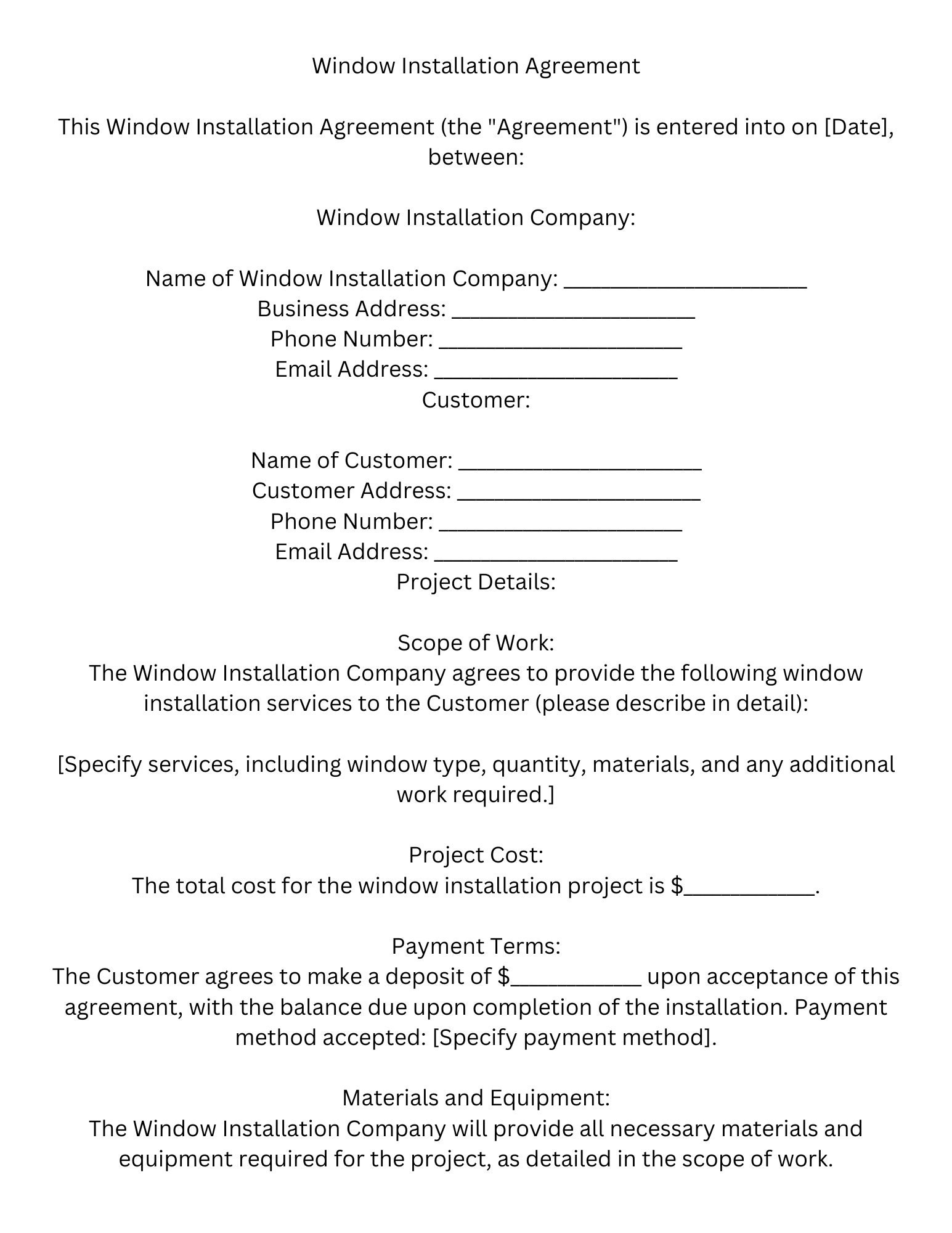 Window Installation Agreement Template- Digital Download From Canva - Etsy