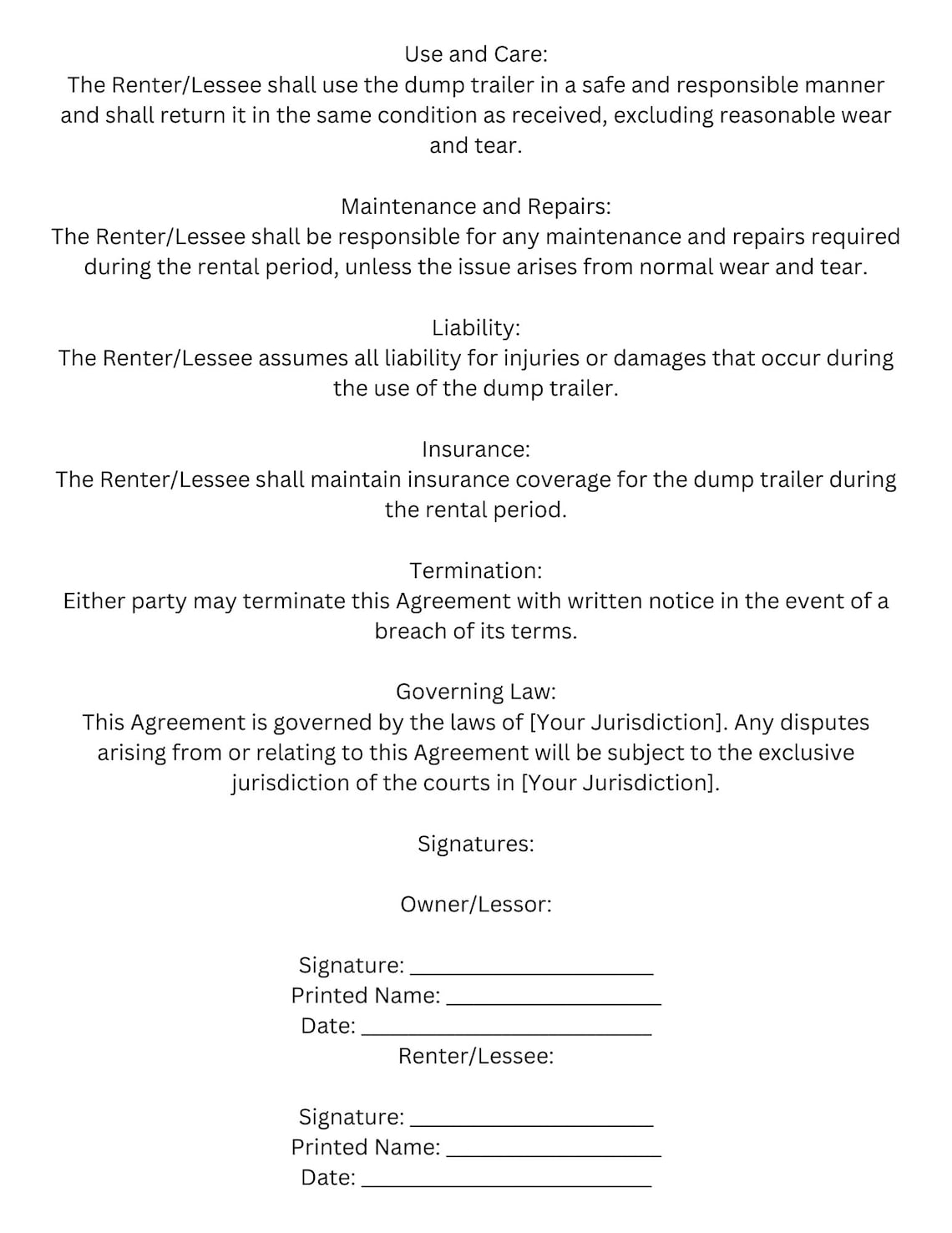 Dump Trailer Rental Agreement Template Etsy
