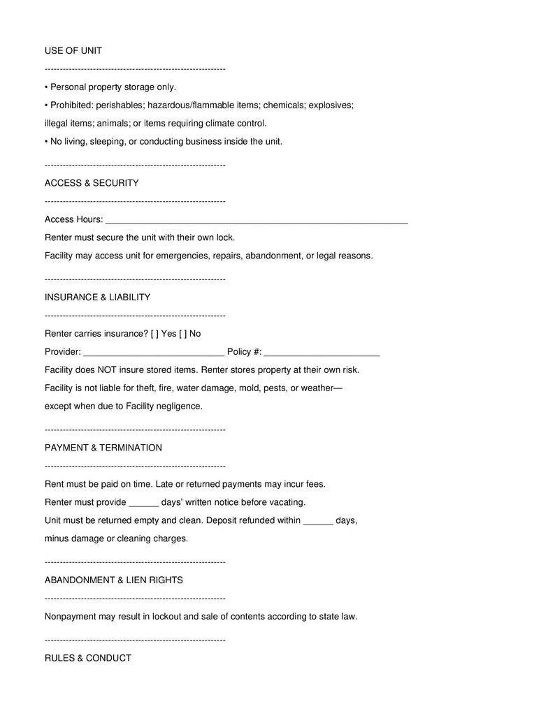 Storage Unit Statment Template.pdf Storage Unit Rental Agreement – Fillable PDF Self Storage Contract ...