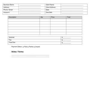 Puede incluir: Una plantilla de factura en blanco con campos para la información de la empresa y del cliente, incluyendo nombre, dirección y datos de contacto. El formulario incluye secciones para descripciones de artículos, cantidades, precios y totales, con espacio para notas y términos.