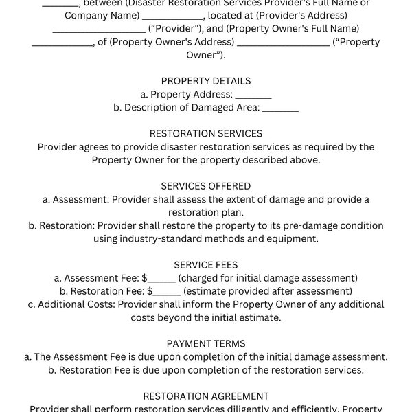 Disaster Restoration Agreement Template