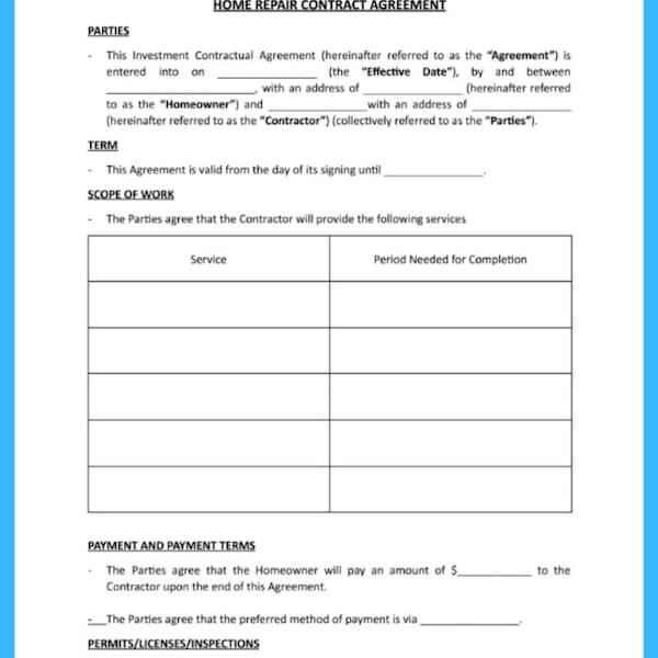 Home Repair Contract Template Etsy Home Repair Contract Template Etsy