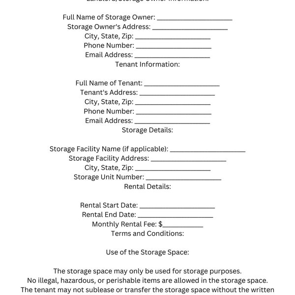 Storage Lease Agreement Form - Professional and Customizable